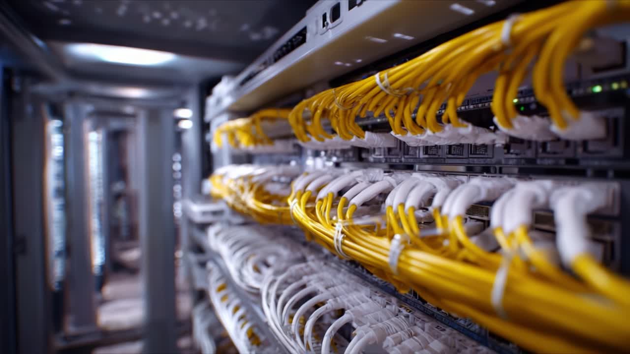 A Detailed View of Network Cables in a Server Rack, Showcasing Organized Fiber and Ethernet Connections for Enhanced Data Communication Infrastructure