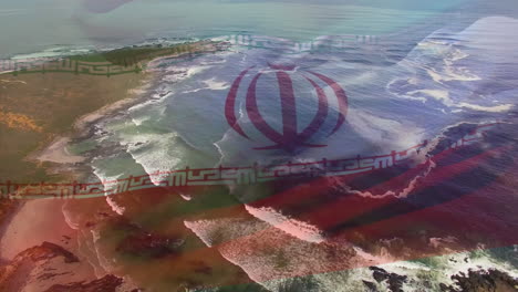 animation of flag of iran blowing over okay hands on beach landscape