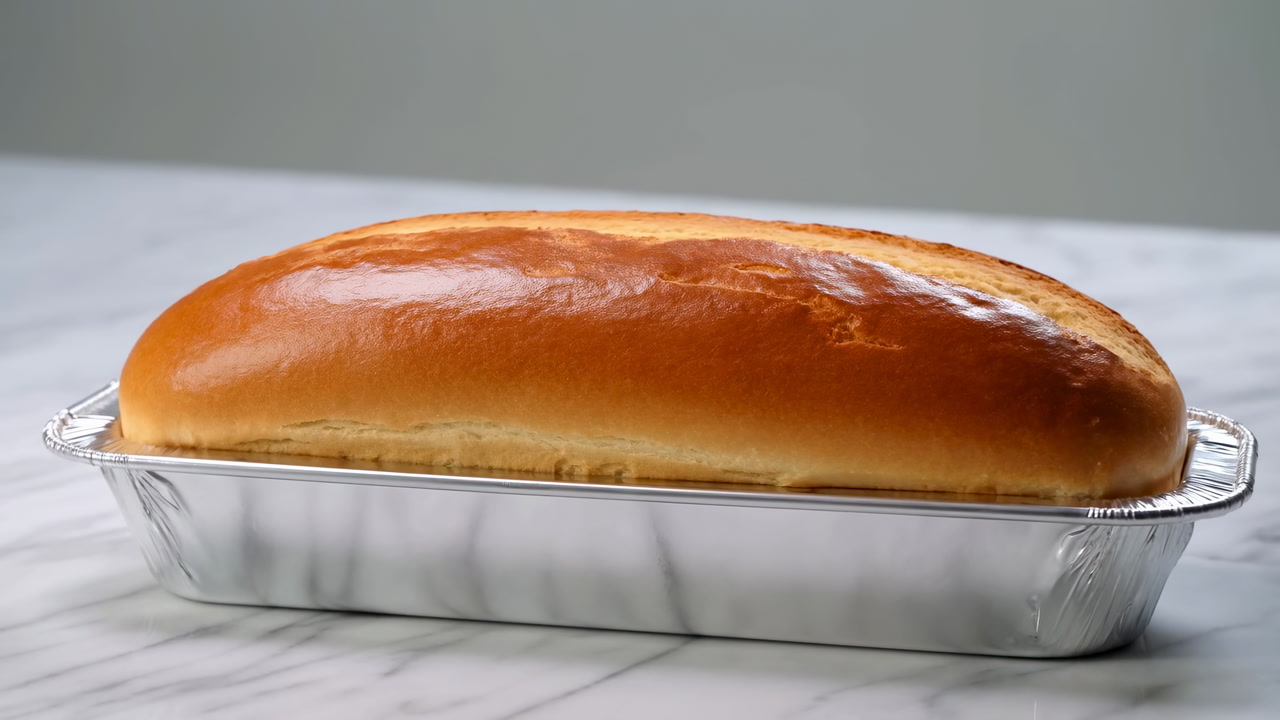 Golden Brioche Loaf On Marble Slab In Aluminum Pan, Glossy Golden Crust With Shiny Glaze, Studio Lighting
