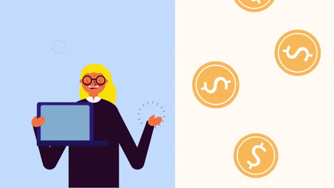 young businesswoman with laptop and money