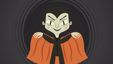 animación de vampiro de halloween y círculos sobre fondo gris
