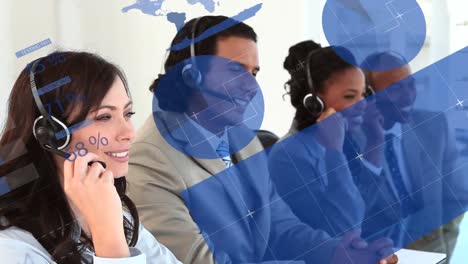 Animation-of-diverse-customer-care-team-with-phone-headsets-and-statistics