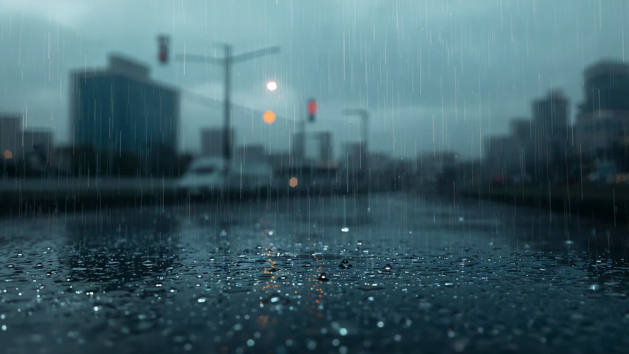 Showing wet asphalt reflecting red amber lights on city road as raindrops hitting, white van moving