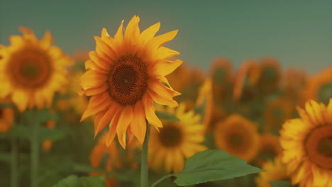 Paisaje-Al-Atardecer-En-El-Campo-De-Girasol