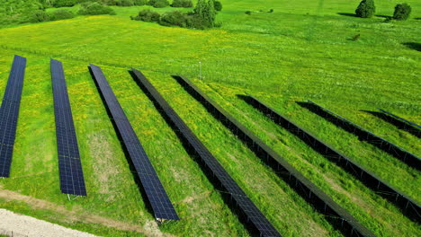 Aerial-drone-top-down-shot-over-solar-farm-with-sunlight-falling-generating-renewable-energy-at-daytime