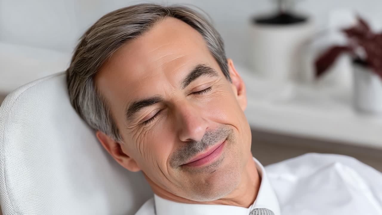 A Contented Man Enjoying a Moment of Relaxation with a Peaceful Smile, Exuding Calmness and Satisfaction in a Brightly Lit Setting
