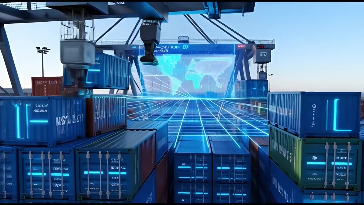 Futuristic Shipping Port with Holographic World Map and Data