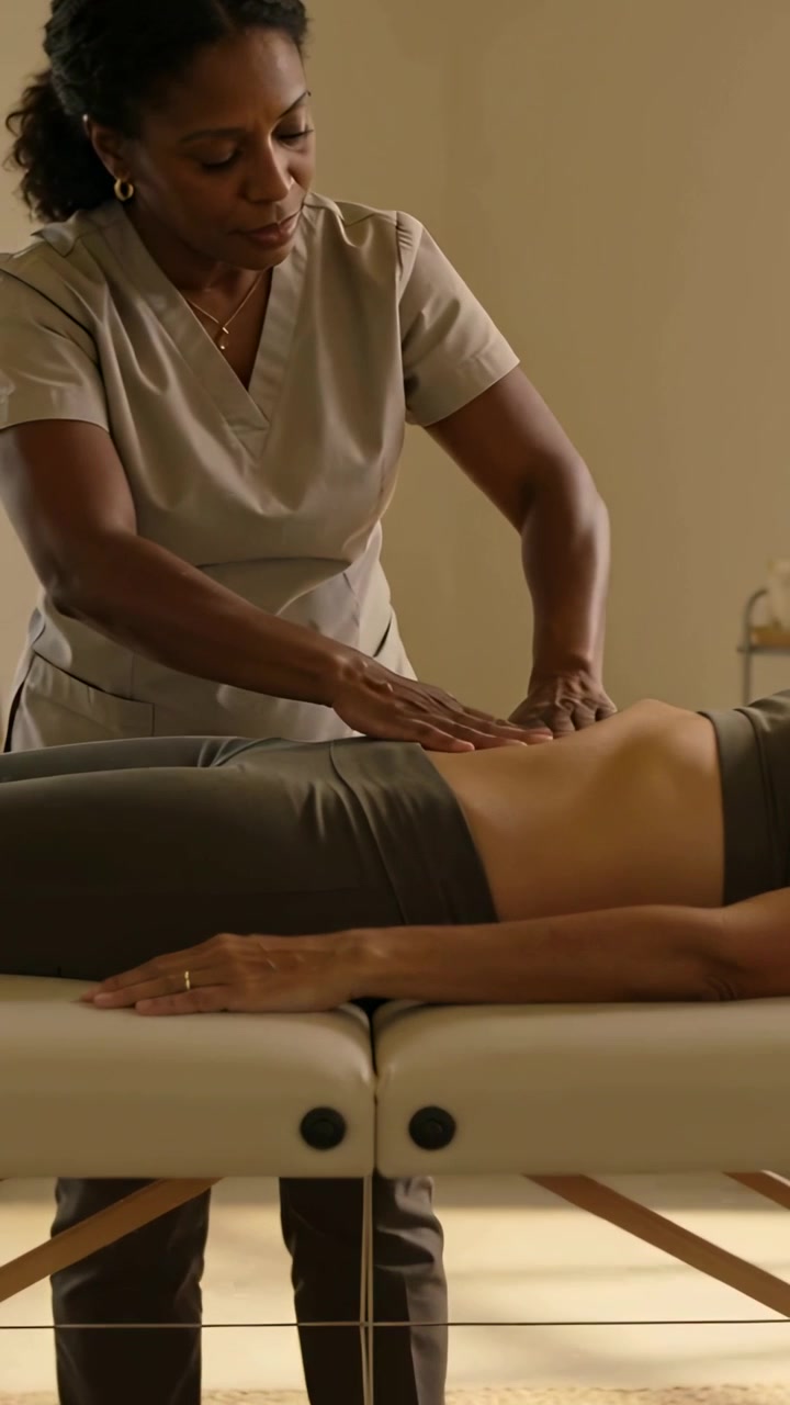 Lodret video: Hænder placeres, terapeut udfører abdominal massage på klinik iført kitler