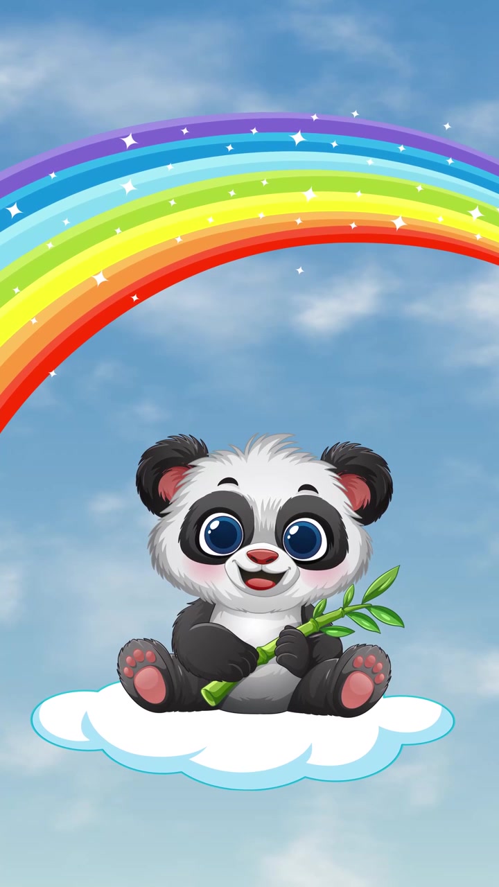 Panda cucciolo animato siede su una nuvola tenendo del bambù sotto un arcobaleno colorato in un cielo verticale