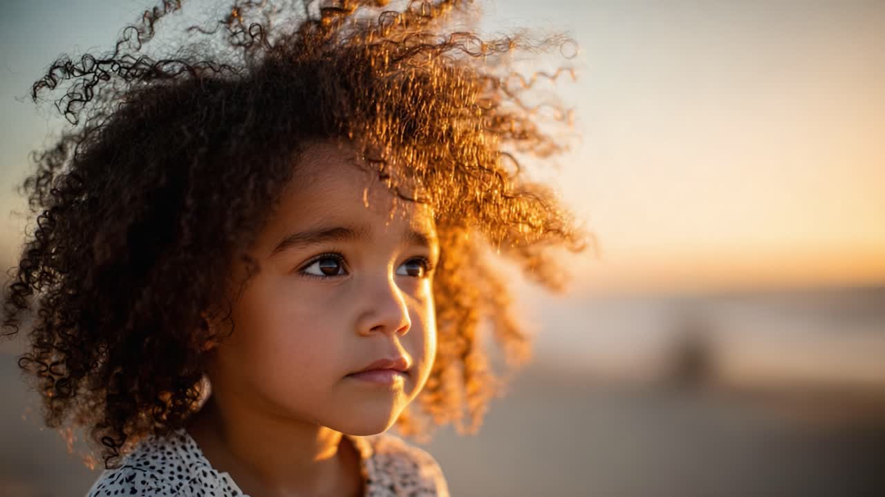 A Beautiful Child with Curly Hair Gazes Thoughtfully into the Warm Sunset Horizon, Capturing the Essence of Childhood Wonder and Exploration at the Beach