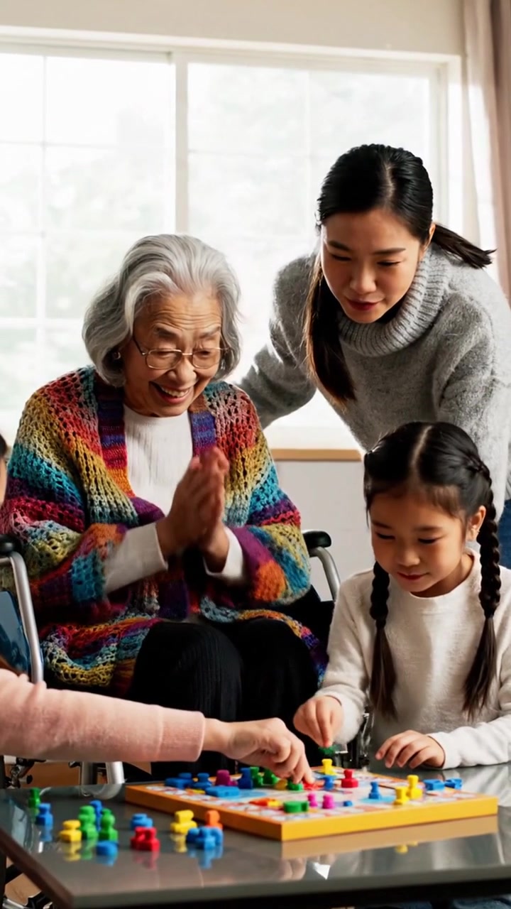 Asian grandmother in wheelchair playing board games