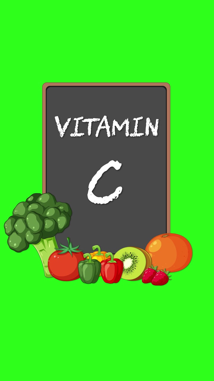 Lavagna etichettata Vitamina C con frutta e verdura che si animano su sfondo verde brillante.