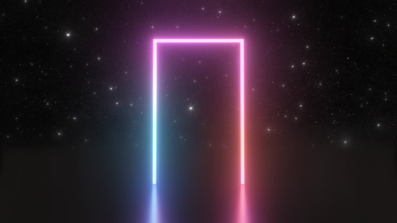 rectángulo retro de puerta de neón brillante en el espacio exterior estrellas del cielo nocturno - 4k animación de fondo de movimiento de bucle vj sin costuras