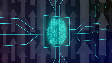 Animation of biometric brain, digital data processing over circuit board