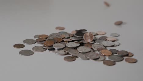 a pile of change, additional coins falling into frame and onto the pile in slow motion