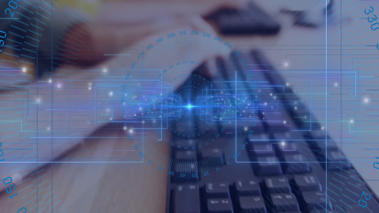 Holographic digital interface being visualized over keyboard, with circular grids and data lines