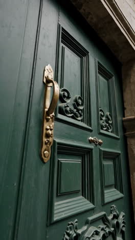 ornate green door with brass hardware