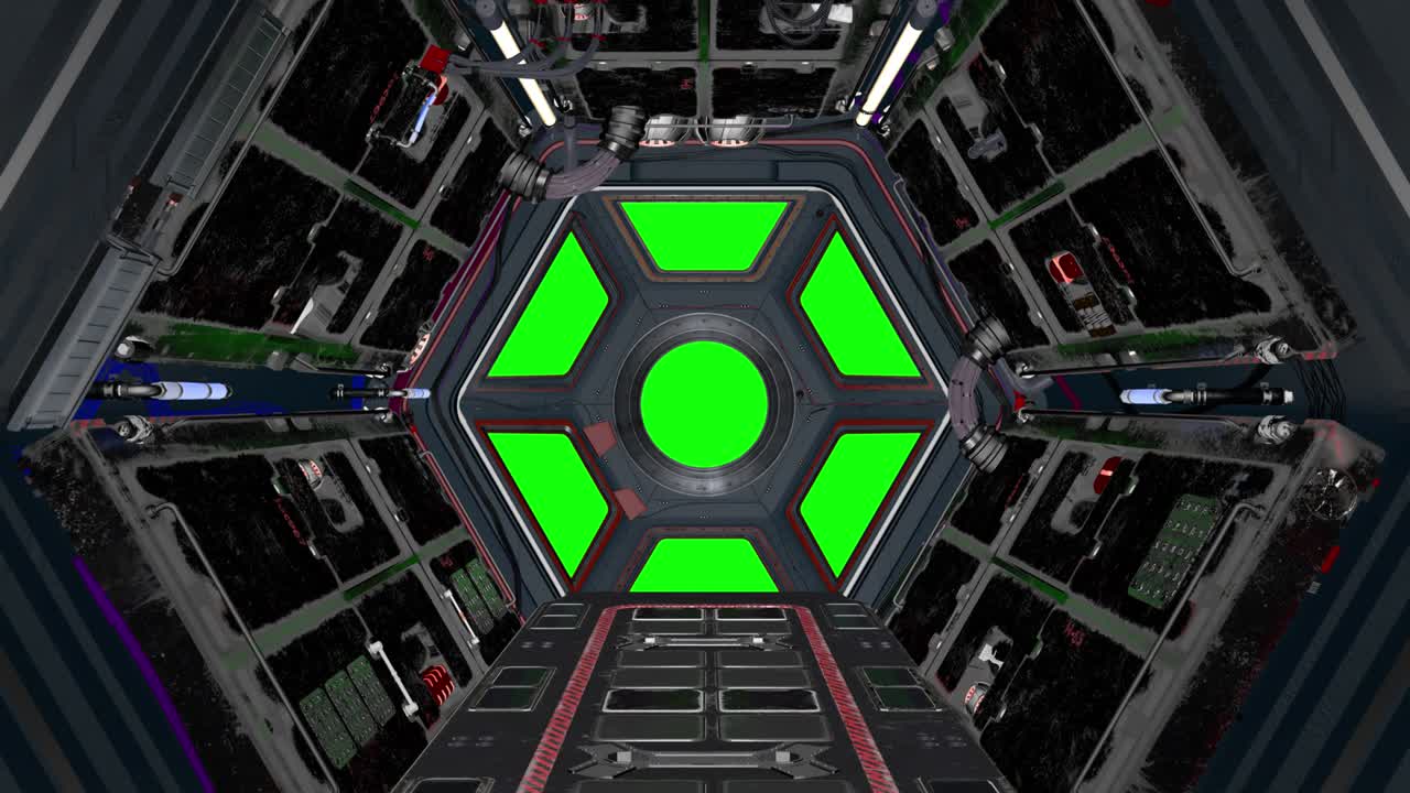 corredor futurista de ciencia ficción de una nave espacial. desde la ventana se puede ver la pantalla verde.