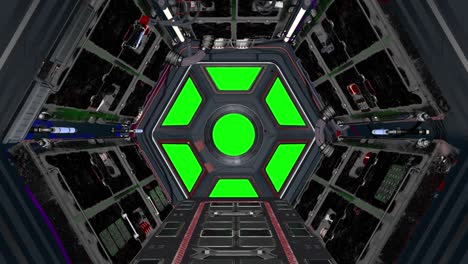 futuristic scifi corridor of a spaceship. from the window you can see green screen.