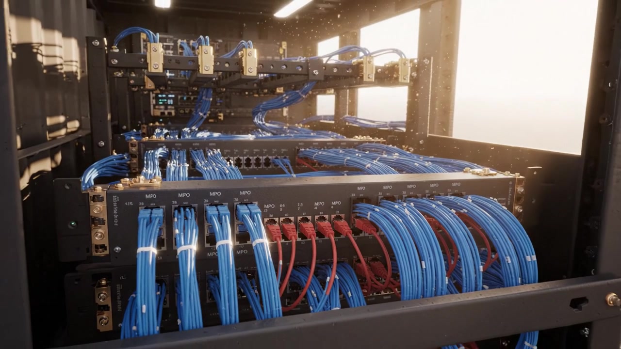 Exploring the Intricate World of Network Cables and Connections in a Modern Data Center Environment with Stunning Lighting and Detail