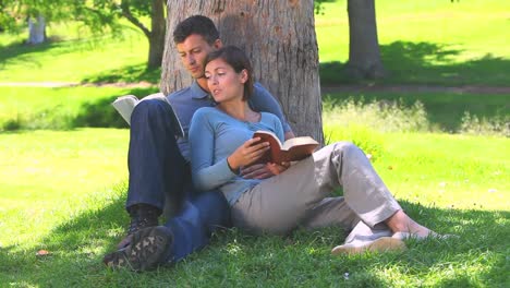 young couple reading book outdoors