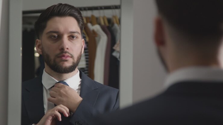 Young Man At Home Putting On Tie Ready For Job Interview Reflected In Mirror 2