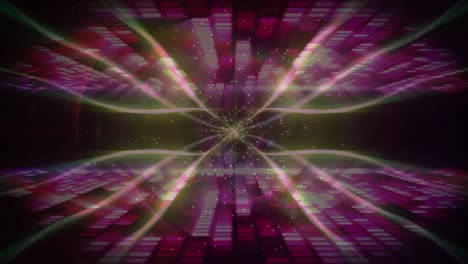 Animation-of-glowing-spots-and-light-trails-with-graphic-music-equalizer-moving