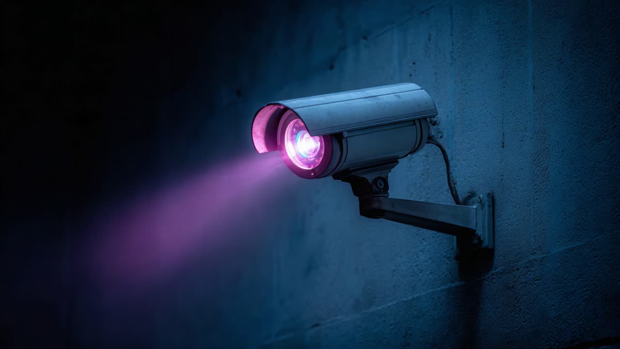 A Modern Security Camera Emitting Vibrant Pink Light, Capturing the Essence of Surveillance Technology in a Minimalist Setting