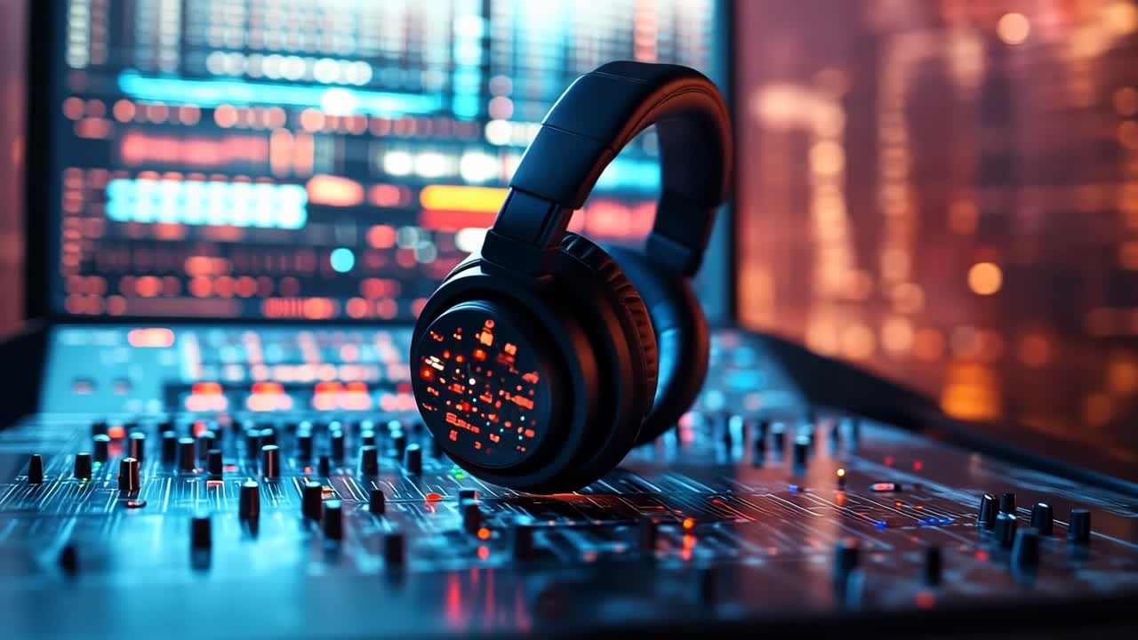 Headphones and mixer setup. Colorful LED lights brighten a music mixing desk with headphones, creating an energetic vibe.