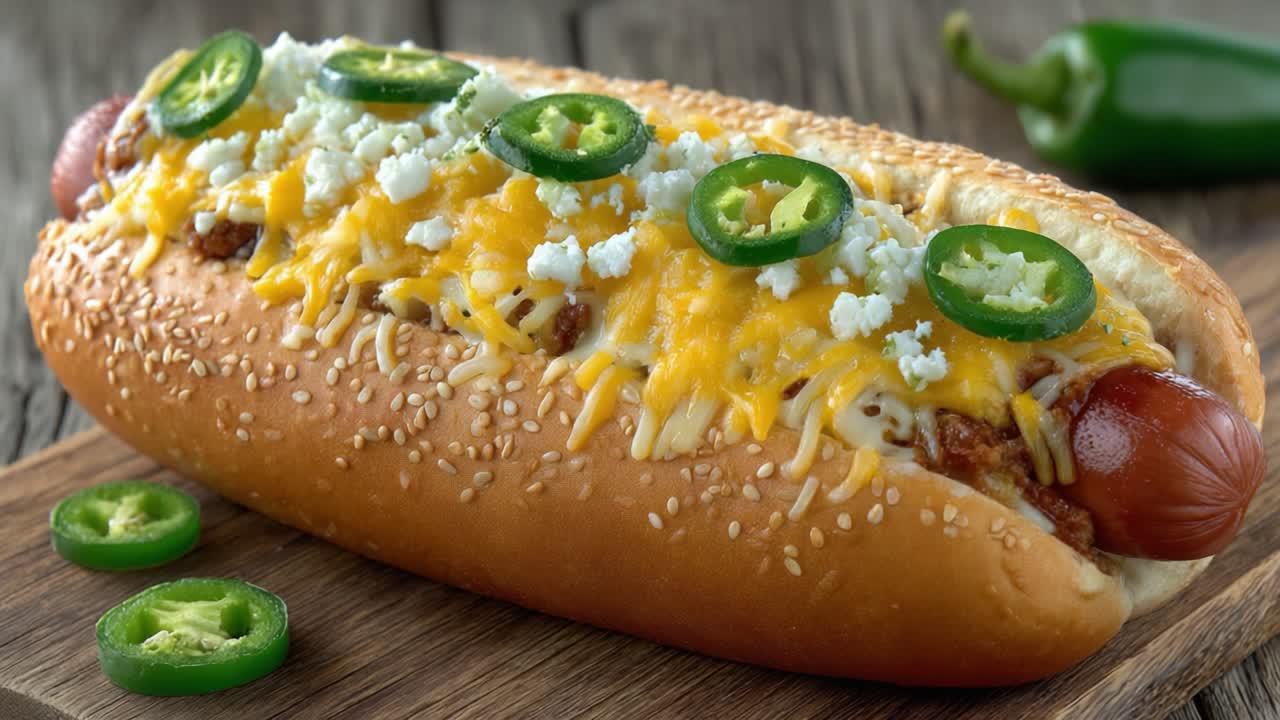 Suussa sulava gourmet-hot dog, jonka päällä on mausteisia jalapeñoja, kermaista juustoa ja murennettua fetaa tuoreen seesaminsämpylän päällä
