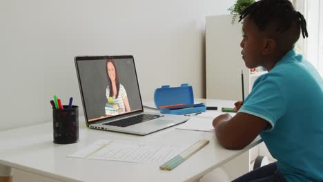 Afroamerikanischer-Junge-Macht-Hausaufgaben,-Während-Er-Zu-Hause-Einen-Videoanruf-Mit-Einer-Lehrerin-Auf-Dem-Laptop-Führt
