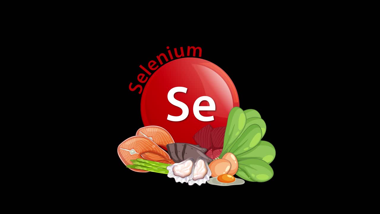 Red selenium element icon animates in, merging with illustrated foods like fish, eggs, and greens on a black background. Smooth, clean transitions highlight nutrient sources