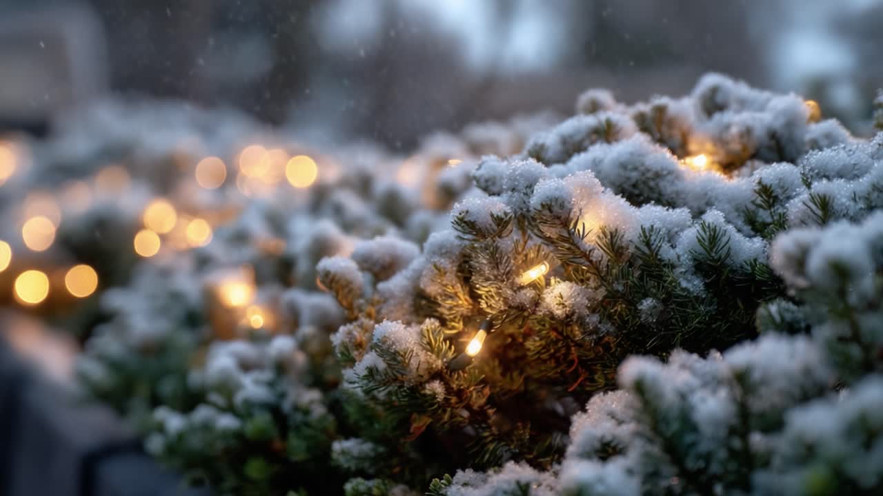 A Beautiful Winter Scene with Snow-Covered Bushes and Warm Glowing Lights, Capturing the Magic of the Season in an Enchanting and Serene Atmosphere