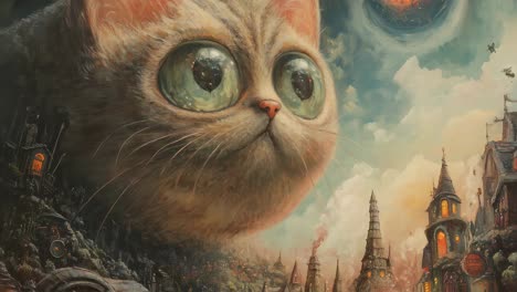 enormous kitten gazing intently at fantastical cityscape with pointed towers, miniature houses beneath dark celestial body hovering in dreamy sky, showcasing surreal sense of scale and wonder