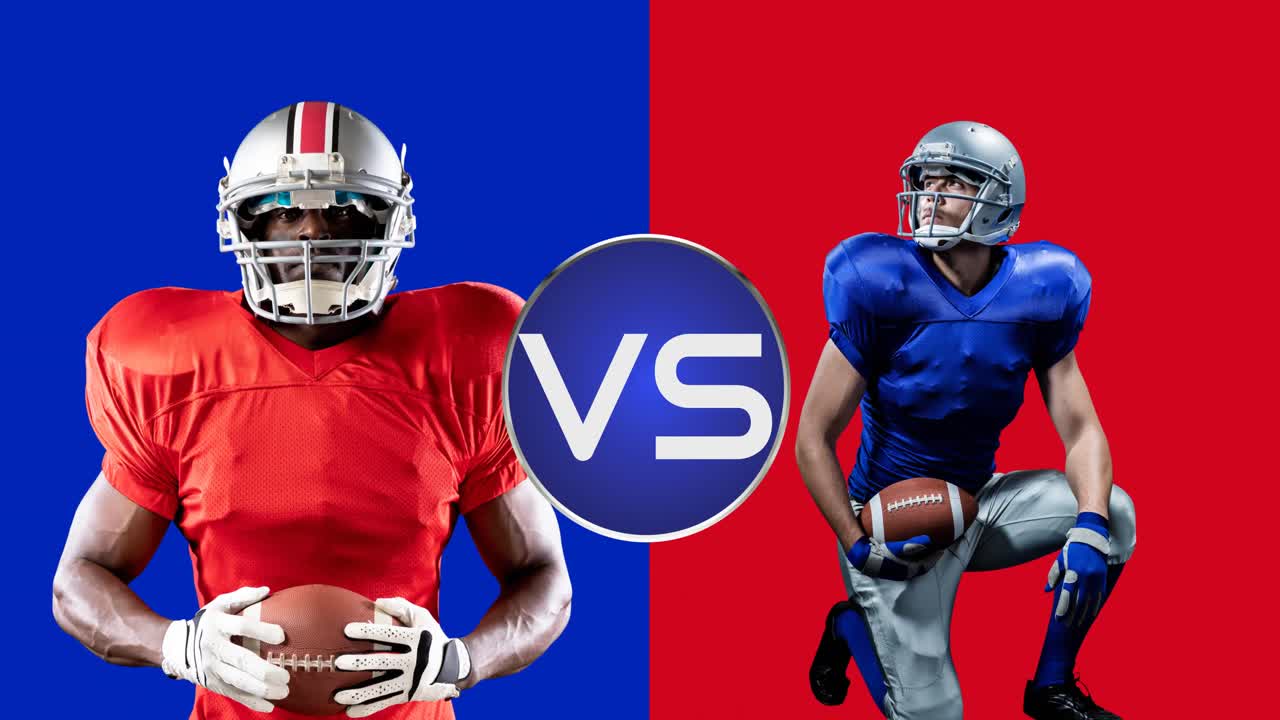 Animation of vs text over american football players from two teams on red and blue backgrounds