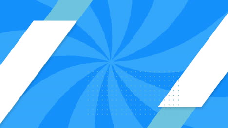 animation of white and green shapes over rotating blue bright stripes in seamless loop