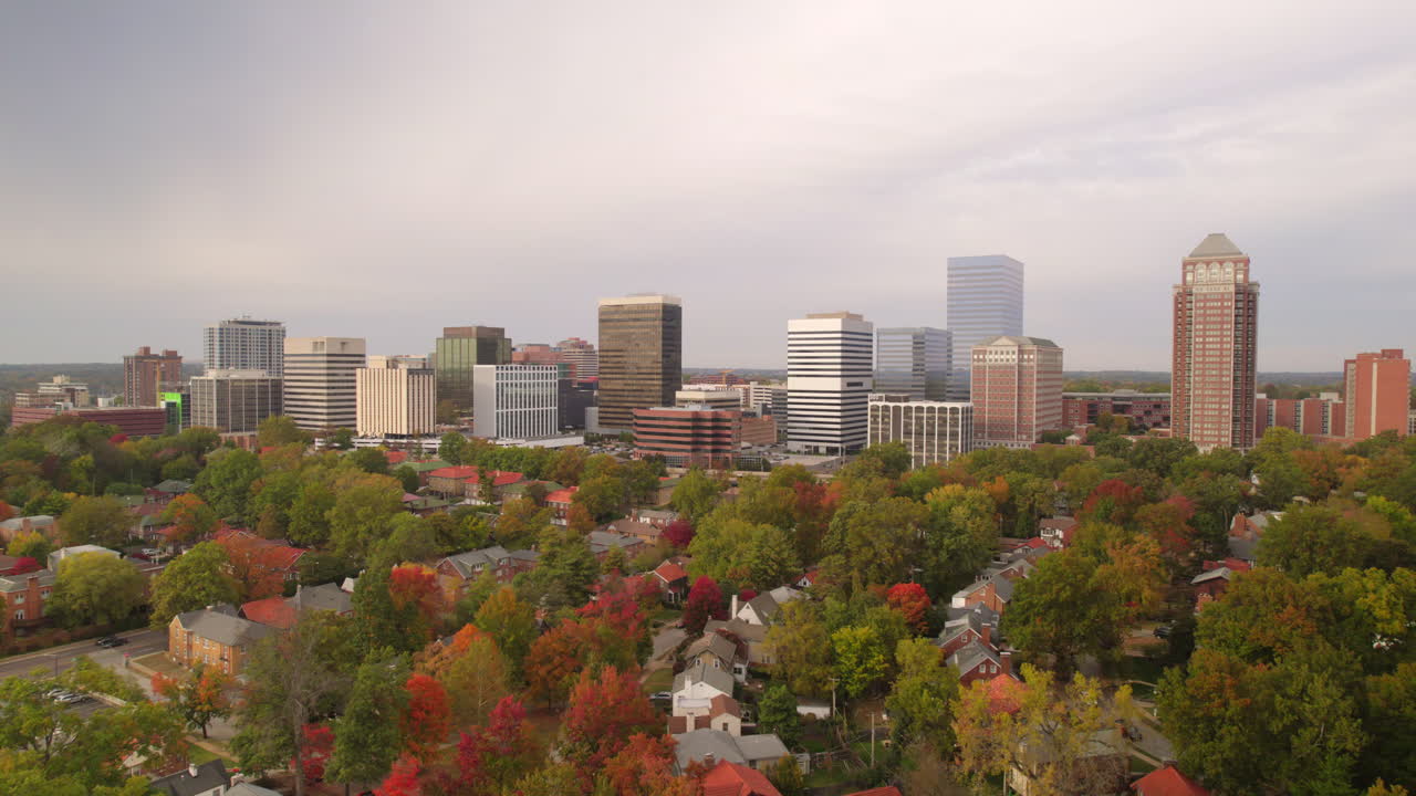Beautiful aerial view of Clayton skyline with houses in foreground and gorgeous Fall color
