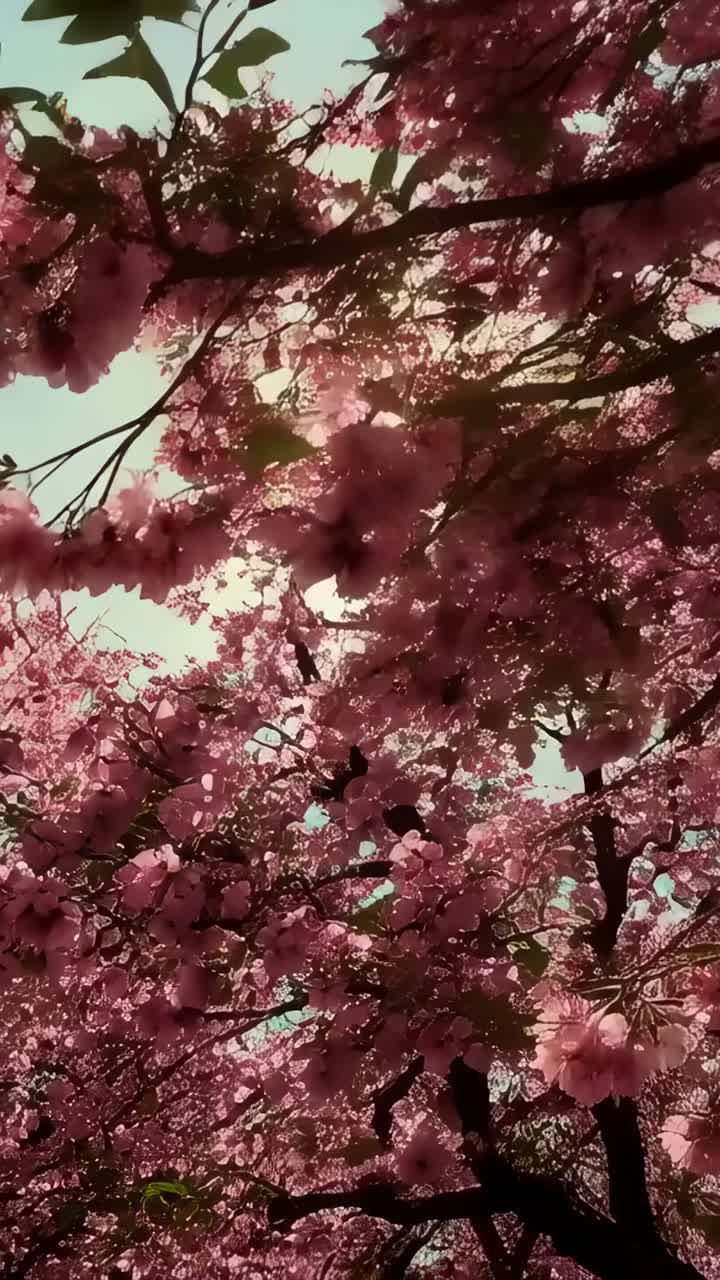 Video verticale: angolazione della camera inclinata che riprende la chioma rosa di un albero in un parco, con il sole che filtra tra i fiori.