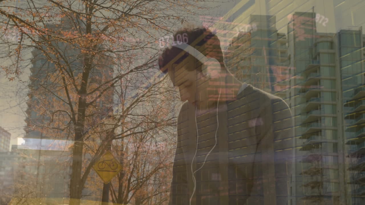 금융 데이터 처리의 애니메이션을 통해 백인 남자가 달리고 있습니다.