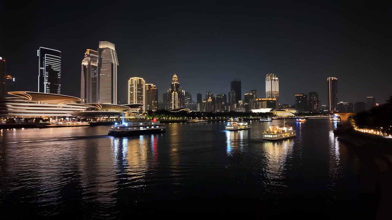 Elevated night view over urban river shows illuminated passenger boats, glowing skyline, calm reflective water, distant bridge lights, and busy waterfront atmosphere across modern downtown