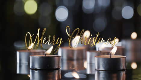 animation of merry christmas text over tea candles on black background