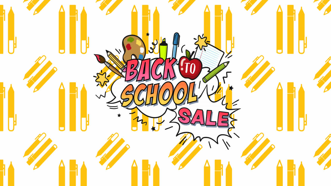 학교 아이템과 아이콘 위에 학교로 돌아가는 텍스트의 애니메이션