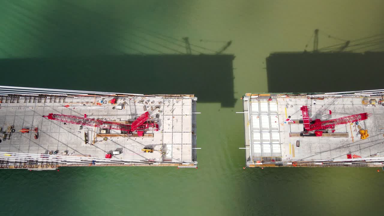 Aerial top down wiew on nearly finished Gordie Howe international bridge in final phase of construction