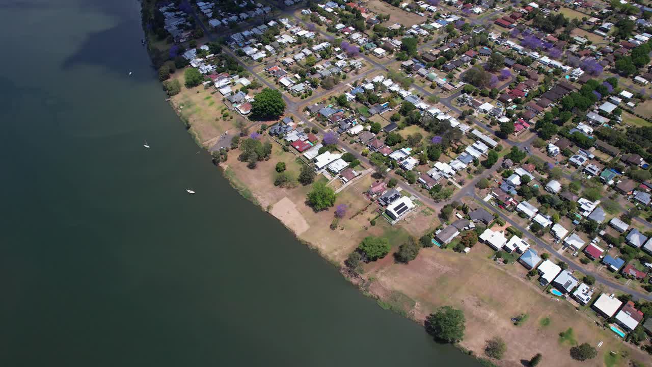 강변 에 있는 주거 마을 에 있는 보라색 자카란다 나무 들