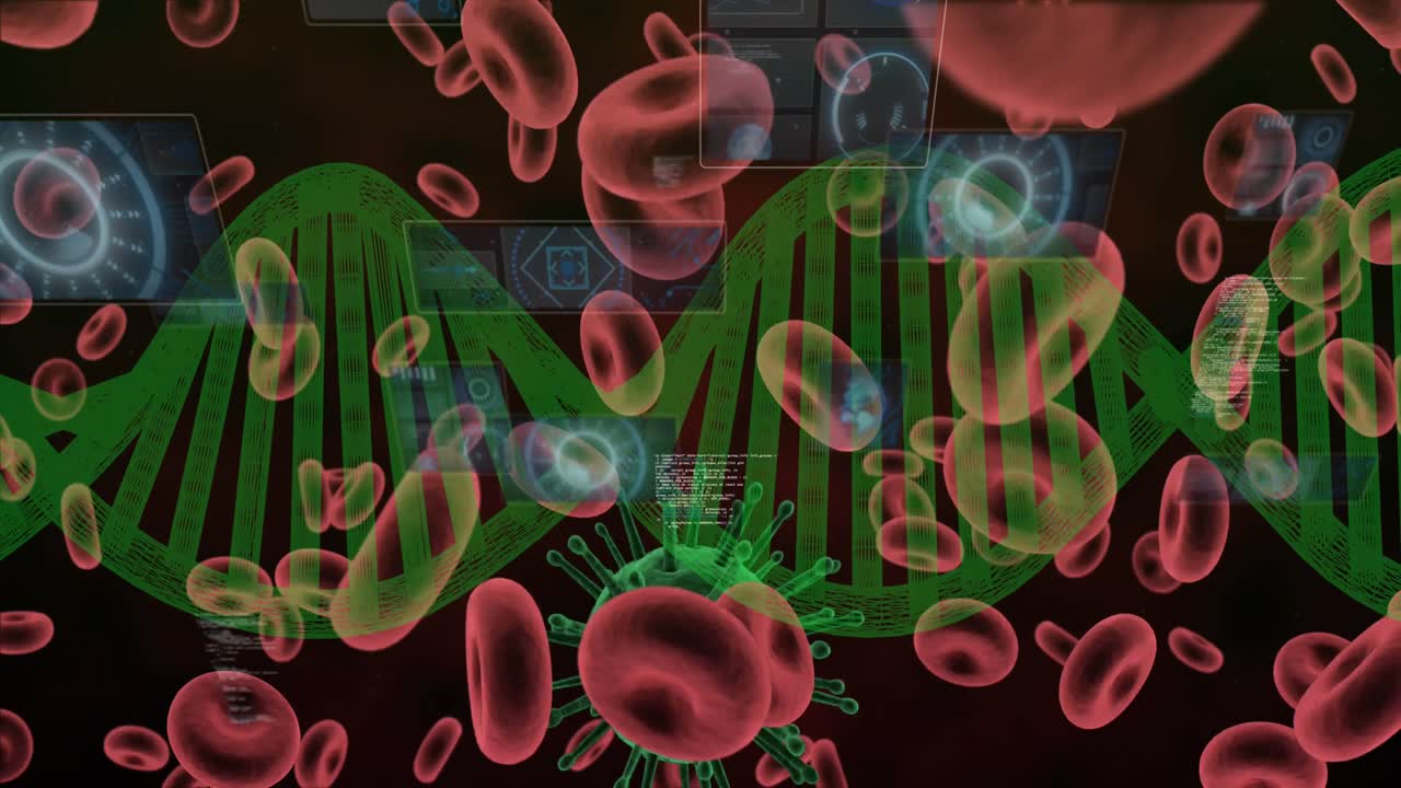 적혈구의 애니메이션, dna 가닥 회전, 스 ⁇ 과 데이터 처리 스크린