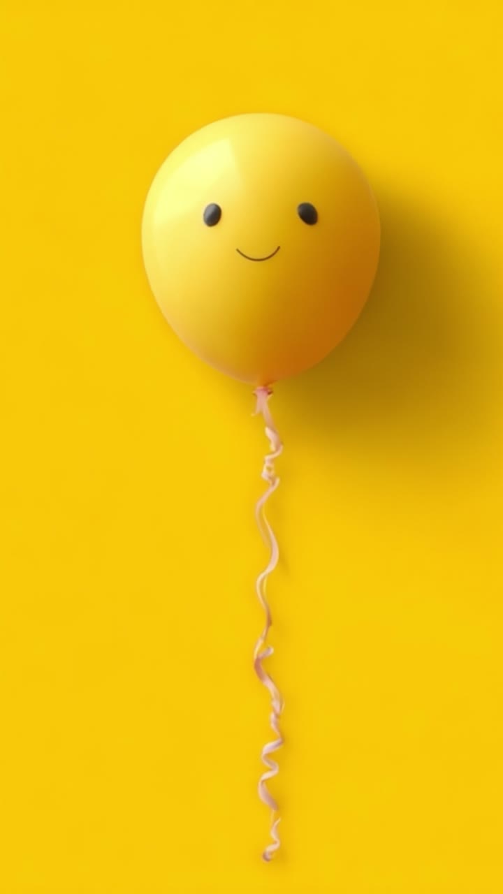 Un allegro palloncino giallo con una faccina sorridente che fluttua su uno sfondo giallo brillante, perfetto per celebrare momenti di gioia e felicità.