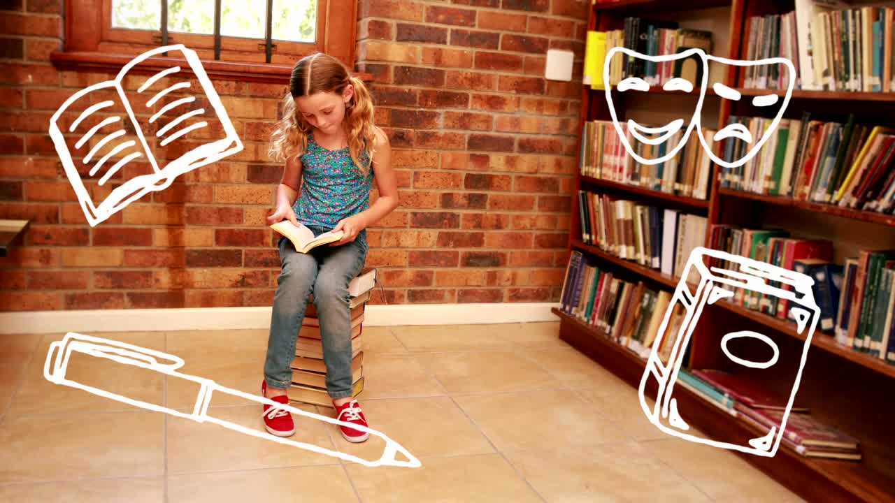 школьные иконы концепции против девочки, читающей книгу в библиотеке