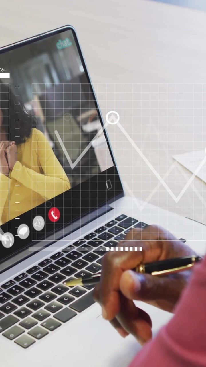 Animation of financial data processing over african american man on laptop video call