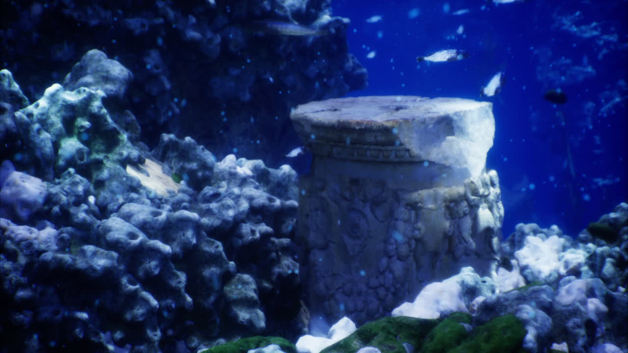 Underwater ruins showcase ancient architecture in a coral reef