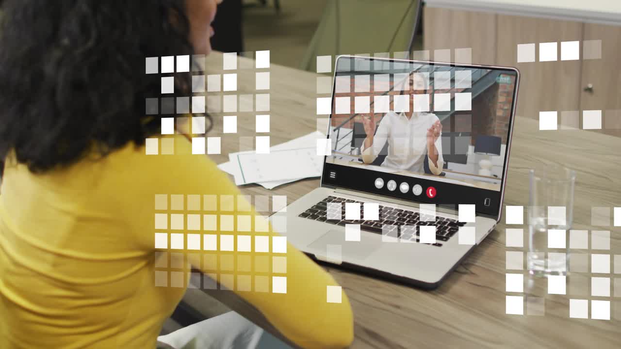 Woman leaning, following peer raising docs in biz call, pixels drifting across screen covering her